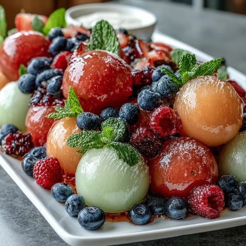Colorful summer fruit platter with watermelon, cantaloupe, and honeydew balls, served with creamy honey-lime yogurt dip for a refreshing appetizer.  