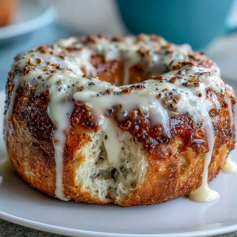 Lemon poppy seed protein bagels with a light lemon glaze, golden and fluffy, topped with crunchy seeds and a tangy-sweet drizzle for a healthy breakfast.