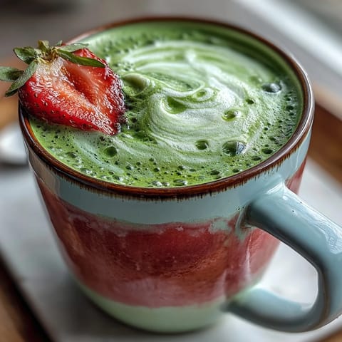 A warm, creamy strawberry matcha latte with vibrant green matcha and sweet red strawberry purée, perfect for cozy evenings.