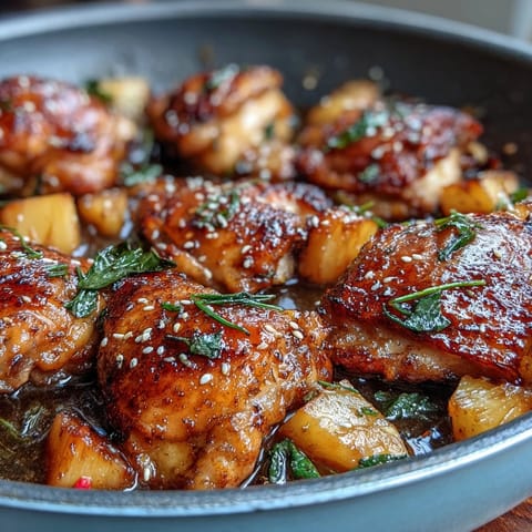 Sticky Honey Garlic Chicken Pineapple Skillet with tender chicken thighs glazed in a sweet and savory sauce, served with caramelized pineapple and bell peppers.  