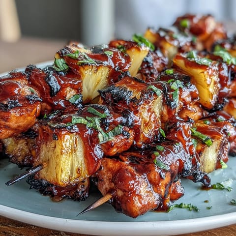 Sweet and smoky BBQ chicken pineapple skewers with tender chicken, caramelized pineapple, and crisp red onion, ideal for cookouts.  