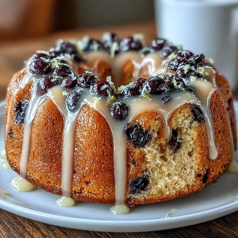 Mini lemon blueberry sourdough bundt cakes with golden crust and juicy berry bursts, drizzled with tangy lemon glaze.  