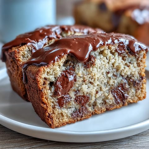 A slice of chocolate chip protein banana bread, golden brown with visible dark chocolate chips and a tender crumb.  
