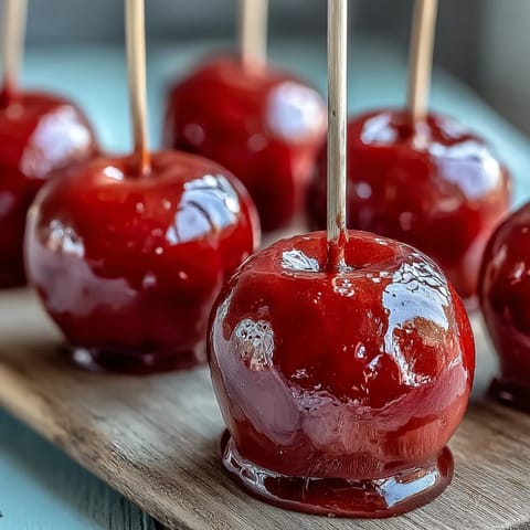 Adorable mini candy apples on sticks, each coated in a glossy red candy shell, perfect for festive parties.