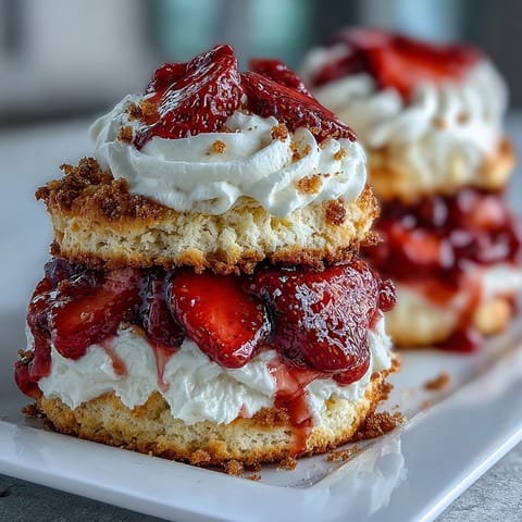 A classic strawberry shortcake with tender biscuit layers, sweet macerated strawberries, and fluffy whipped cream.