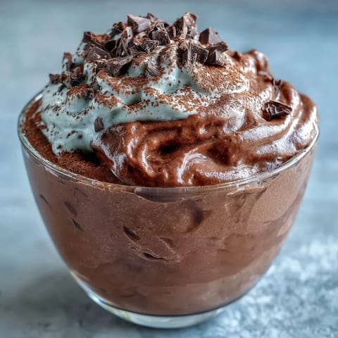 Silky high-protein cottage cheese chocolate mousse topped with fresh berries and shaved dark chocolate for a decadent yet healthy treat.  