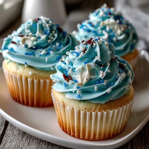 Whimsical vanilla cupcakes frosted in blue buttercream and topped with handmade fondant fish for a magical dessert display.
