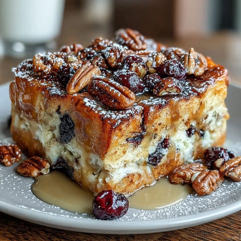 Golden-baked blueberry French toast casserole with custard-soaked brioche and juicy berries, dusted with powdered sugar for a festive brunch centerpiece.
