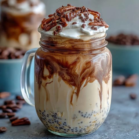 Vanilla Bean Frappuccino Overnight Oats in a jar with creamy layers and whipped cream topping.