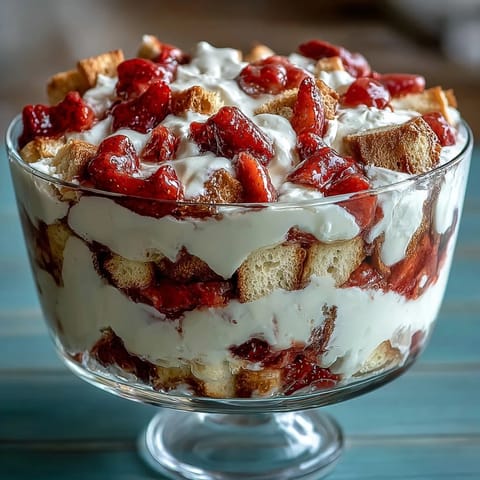 Layered strawberry shortcake trifle with fresh berries and whipped cream, perfect for Mothers Day brunch.