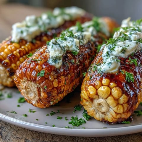 Garlic butter melts over sweet corn on the cob, offering a savory, aromatic side dish.