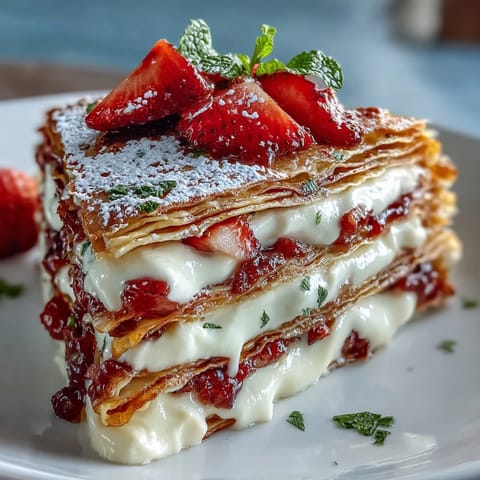 Beautiful layered strawberry crepe cake with fresh sliced berries and creamy vanilla filling, perfect for a spring brunch centerpiece.