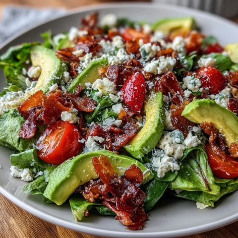 Spring Cobb Salad with Strawberries and Avocado, featuring juicy berries, creamy avocado, and tangy feta on crisp greens.