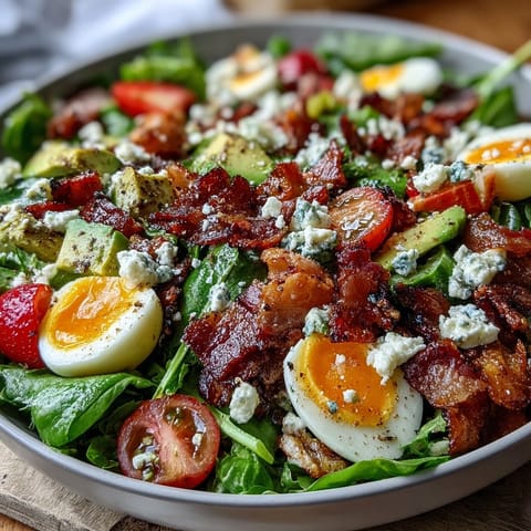 A vibrant Spring Cobb Salad with Strawberries and Avocado, drizzled with balsamic dressing for a fresh, colorful meal.