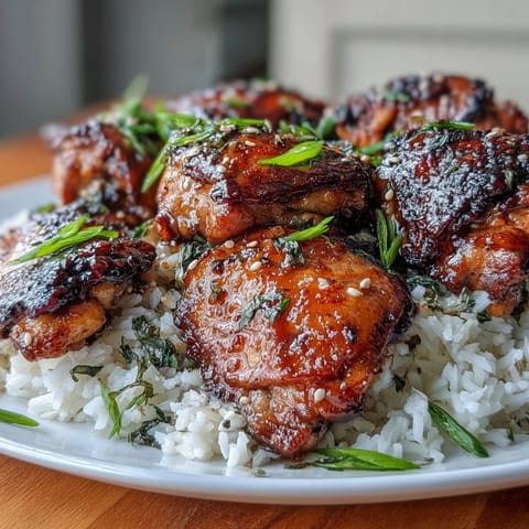 Aromatic honey garlic chicken thighs slow-cooked in a sweet and savory sauce, served over fluffy jasmine rice.  