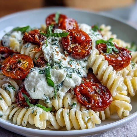 Vibrant Caprese pasta featuring silky burrata cheese, ripe tomatoes, and aromatic basil for a refreshing vegetarian meal.  