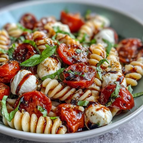 Vibrant Caprese-style pasta salad featuring juicy tomatoes, creamy mozzarella, and aromatic basil, drizzled with olive oil and balsamic glaze.