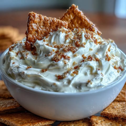 Creamy cheesecake dip with graham crackers, perfect for parties, served in a bowl with crunchy dippers on the side.