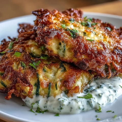 Golden zucchini fritters with feta, crisp on the outside and creamy inside, served with cool yogurt mint dipping sauce.  
