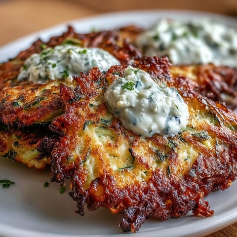 Savory zucchini and feta pancakes, pan-fried to perfection, paired with tangy yogurt mint sauce for a Mediterranean appetizer.  