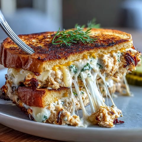 Golden, buttery bread sandwiches tuna salad, melted cheese, and crisp pickles.  