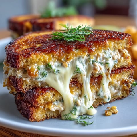 Crispy Tuna Melt with melted cheese and pickles on golden toasted bread.  