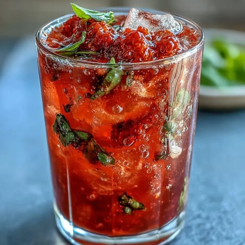 A vibrant glass of strawberry basil mocktail with fresh fruit and fragrant herbs, perfect for a refreshing summer sip.
