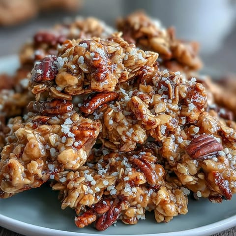Homemade granola clusters baked to golden perfection, loaded with oats, nuts, and honey for a crunchy, satisfying snack or breakfast topping.