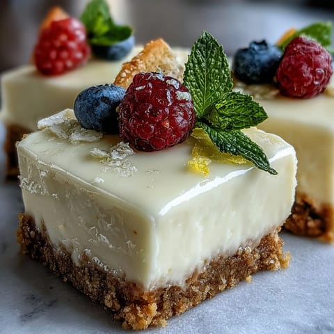 No-bake Skyr Lemon Cheesecake Bars, perfectly chilled and topped with fresh berries.