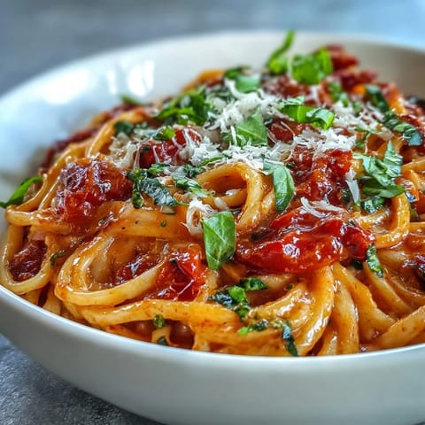 Close-up of one-pot creamy tomato basil pasta, showing al dente noodles in rich sauce.