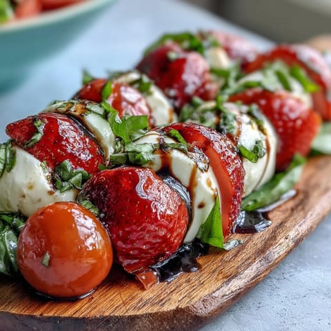 Fresh Strawberry Caprese Salad: red strawberries, white mozzarella, green basil, drizzled beautifully.
