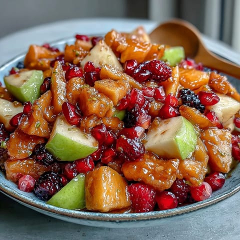 Vibrant ginger fruit compote recipe, glistening with fresh fruit and warming spices.