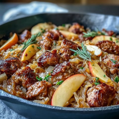 Hearty Simple Pork and Sauerkraut Skillet with tender pork and tangy apples.