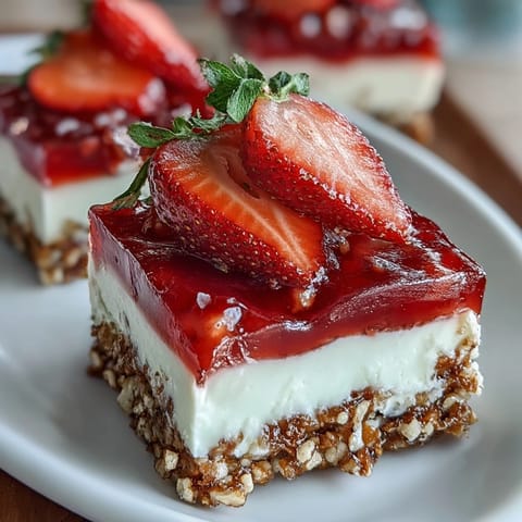 Vibrant Strawberry Pretzel Jello Salad with layers of creamy sweetness.