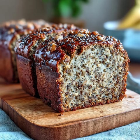 Moist black sesame banana bread loaf, speckled with seeds, ready for slicing.