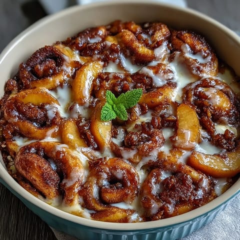 Gooey Peach Cobbler Cinnamon Roll Casserole warm from oven, drizzled with icing.