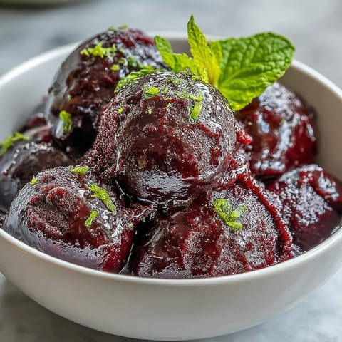 Close-up of vibrant Frozen Grape Lime Sorbet scooped into a bowl, ready to enjoy.