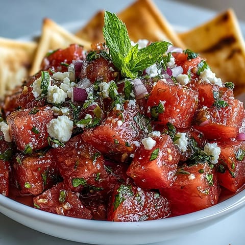 Refreshing watermelon feta salsa piled high with crispy pita chips.