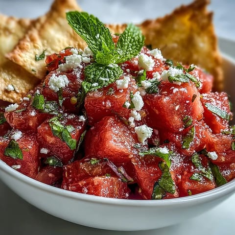 Bright watermelon feta salsa topped with mint, served alongside golden pita chips.
