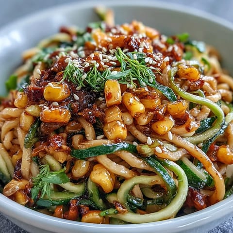 Vibrant Chili Crisp Corn and Cucumber Noodles salad, a refreshing, spicy, and savory Asian fusion dish.