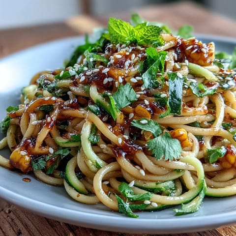 Close-up of Chili Crisp Corn and Cucumber Noodles, showcasing fresh vegetables and glistening dressing.