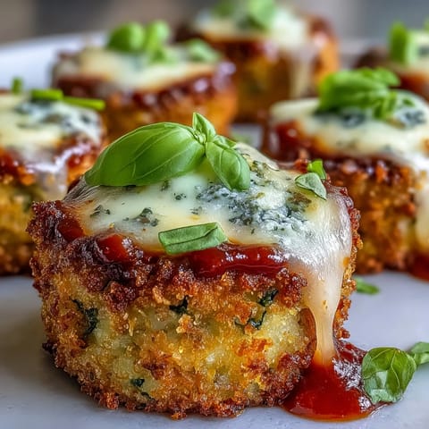Golden crispy zucchini pizza bites topped with bubbly melted mozzarella cheese.