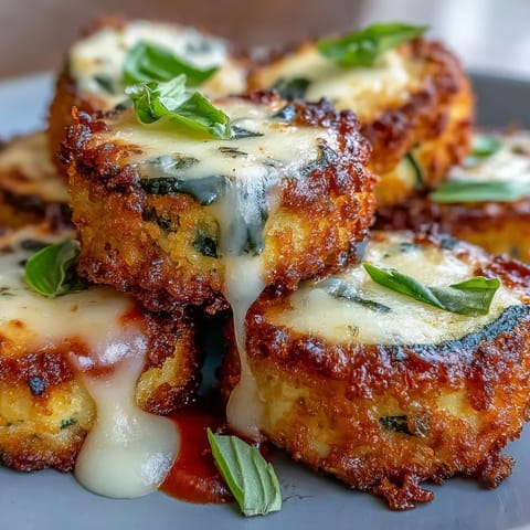 Melted mozzarella crowns these savory crispy zucchini pizza bites, ready for dipping.