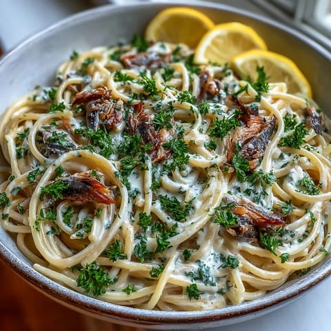 Golden spaghetti tossed with flaky sardines, creamy lemon sauce, and fresh parsley.