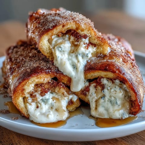 Golden Pumpkin Cream Cheese French Toast Roll-Ups ready to be drizzled.