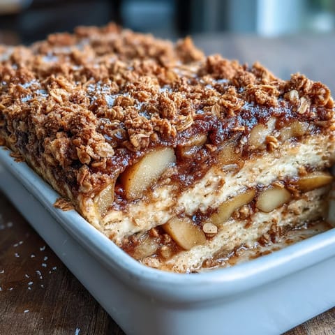 Golden Cinnamon Apple Crumble Pancake Bake with tender apples and oat topping.
