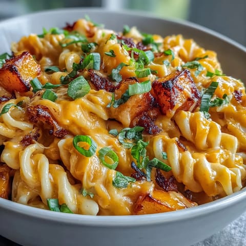A hearty, vegetarian Creamy Butternut Squash Taco Pasta dish ready to be served.