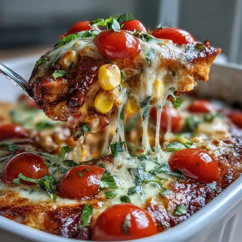 Hearty Tomato Corn Chicken Enchilada Bake with shredded chicken, sweet corn, and melted cheese.