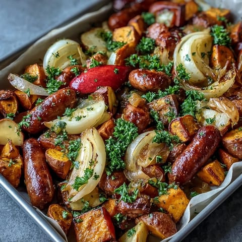 Savory Sausage Apple Sweet Potato Sheet Pan dinner, roasted golden brown and bursting with flavor.