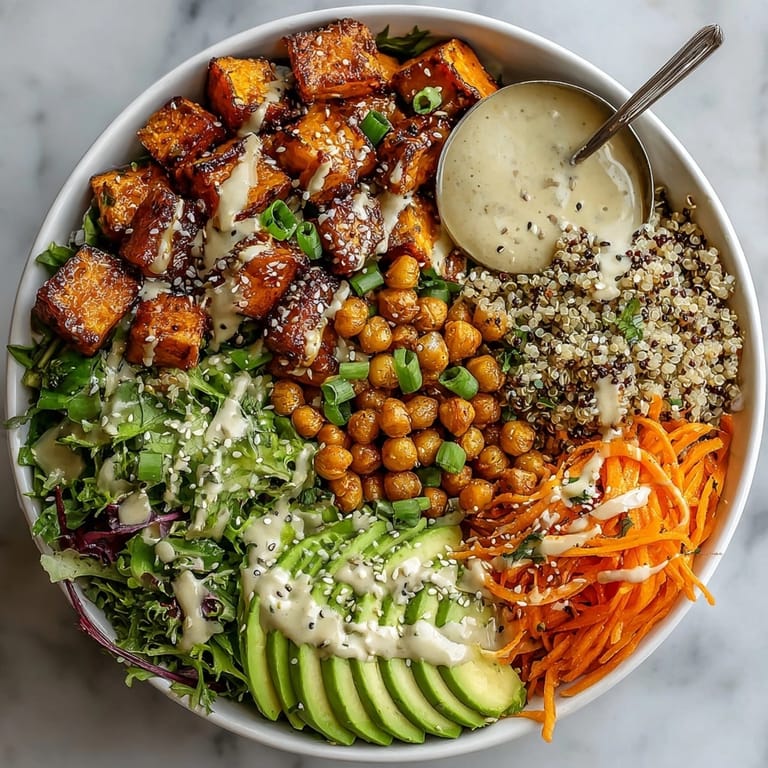 The finished Miso Glazed Sweet Potato Power Bowl, showcasing layers of flavor and textures for a hearty meal.